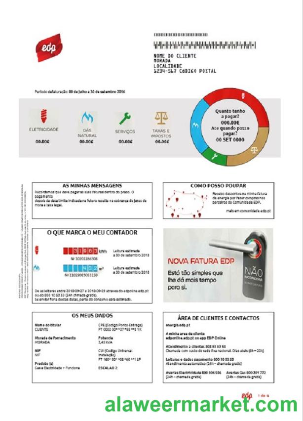 Portugal EDP utility bill template in Word and PDF format, good for address prove